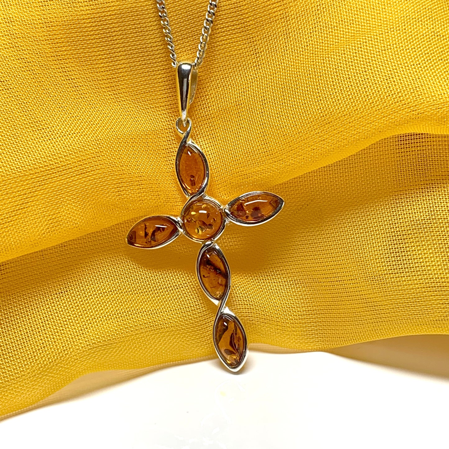 Real amber cross necklace sterling silver