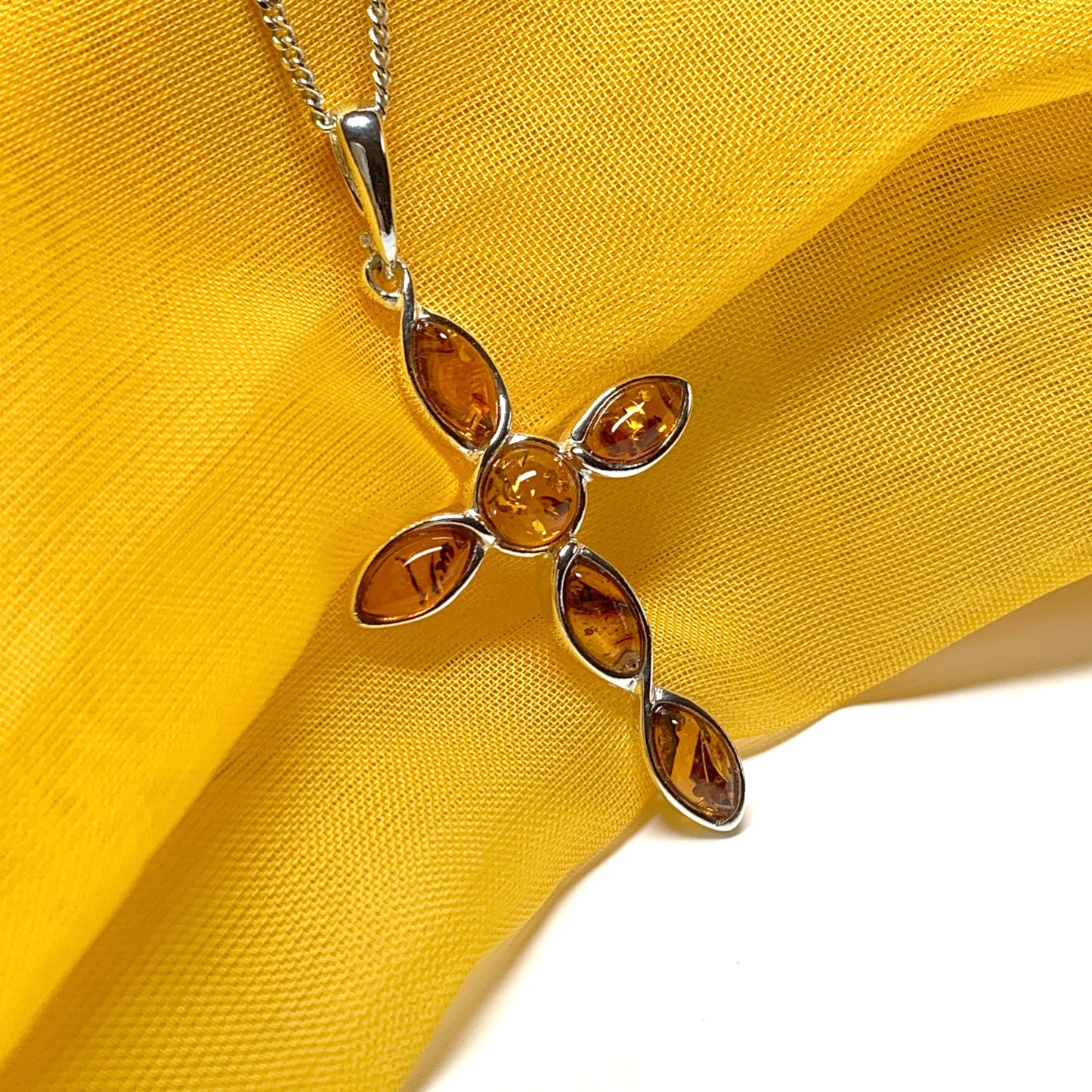 Real amber cross necklace sterling silver