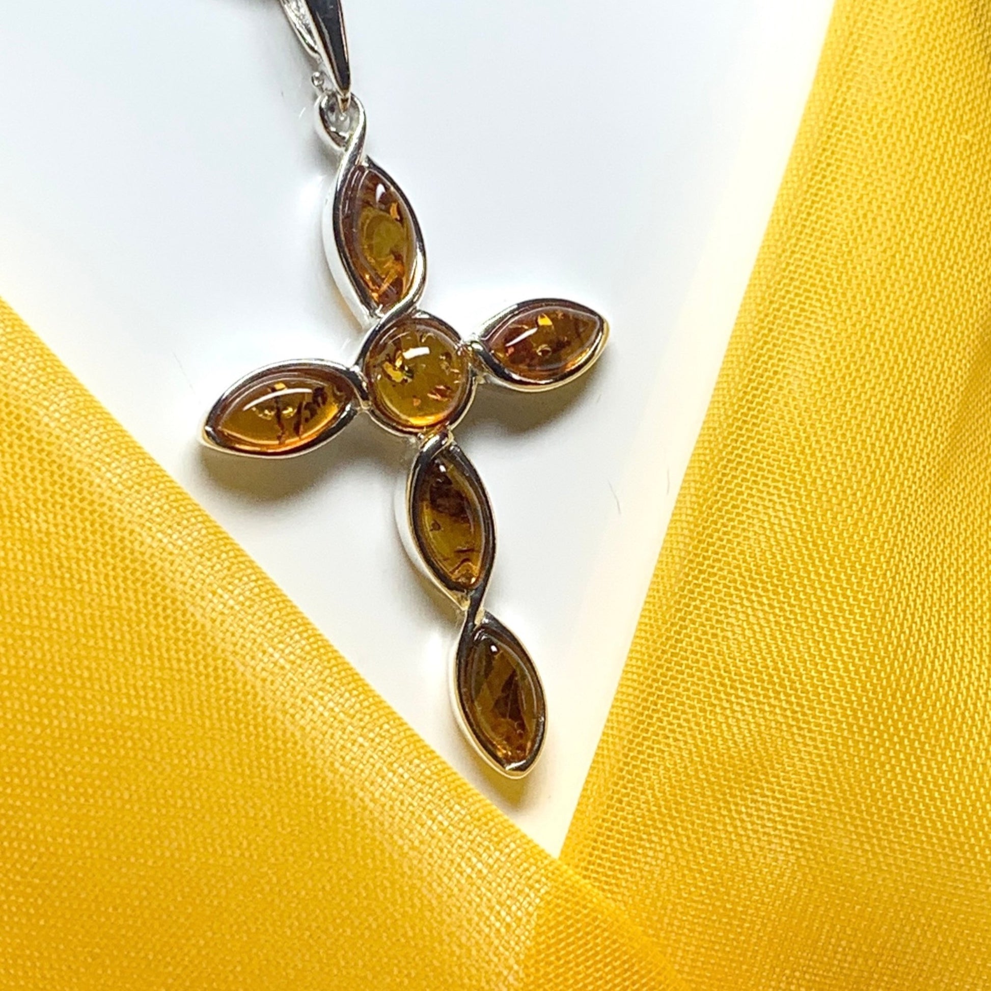 Real amber cross necklace sterling silver