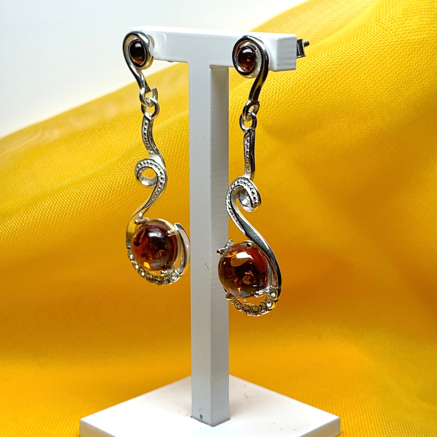 Real amber round drop earrings sterling silver fancy swirl