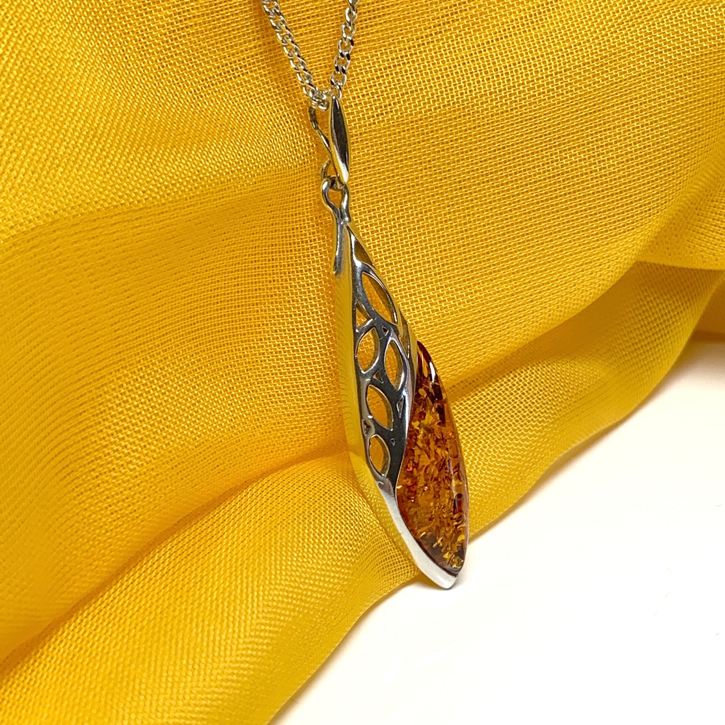 Real amber fancy open long pierced necklace sterling silver