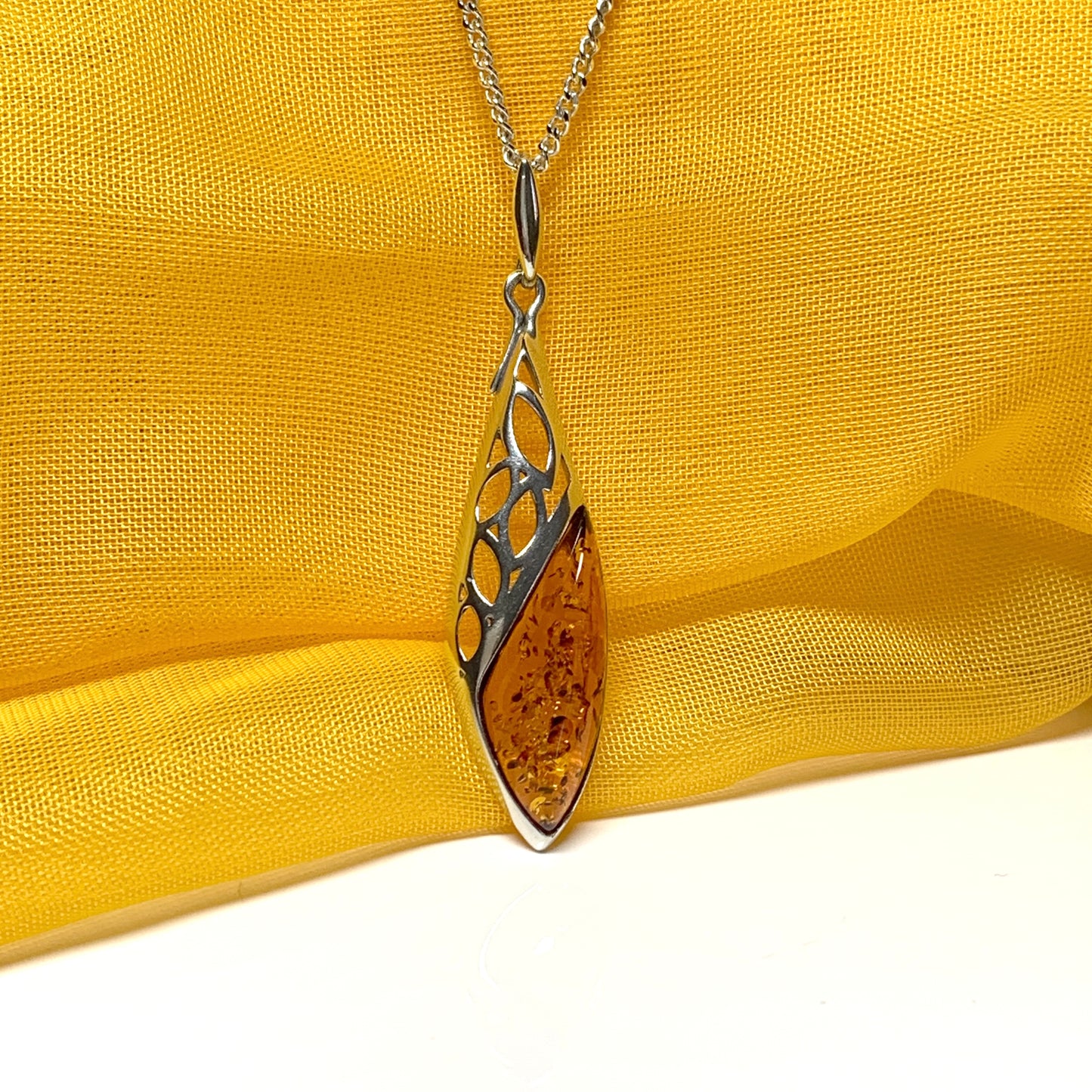 Real amber fancy open long pierced necklace sterling silver