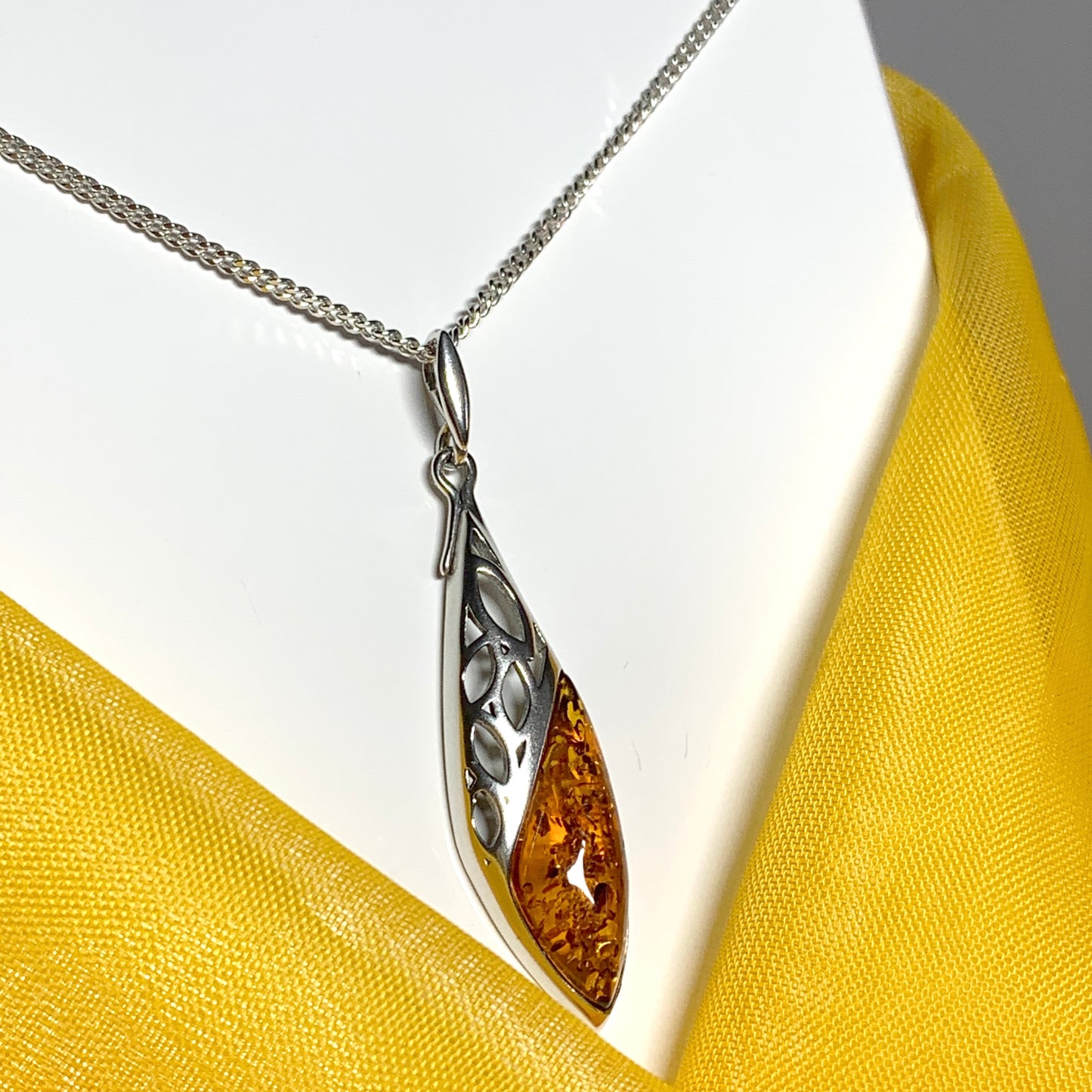 Real amber fancy open long pierced necklace sterling silver
