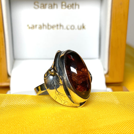 Real amber sterling silver ring oval leaf design