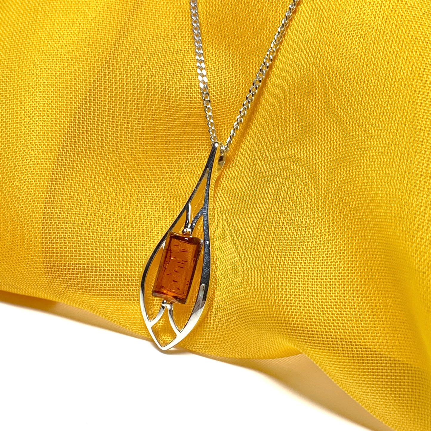 Real amber open pierced pendant sterling silver necklace