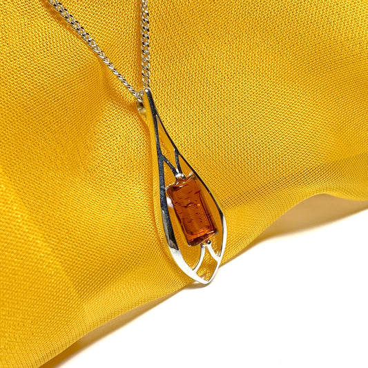 Real amber open pierced pendant sterling silver necklace