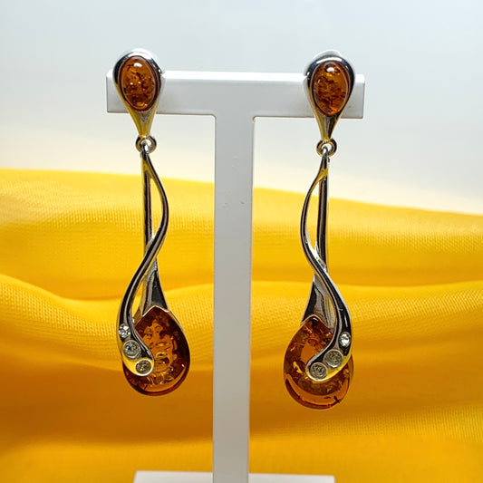 Real amber pear earrings fancy sterling silver