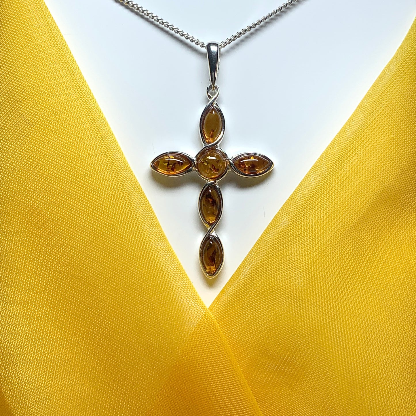 Real amber cross necklace sterling silver