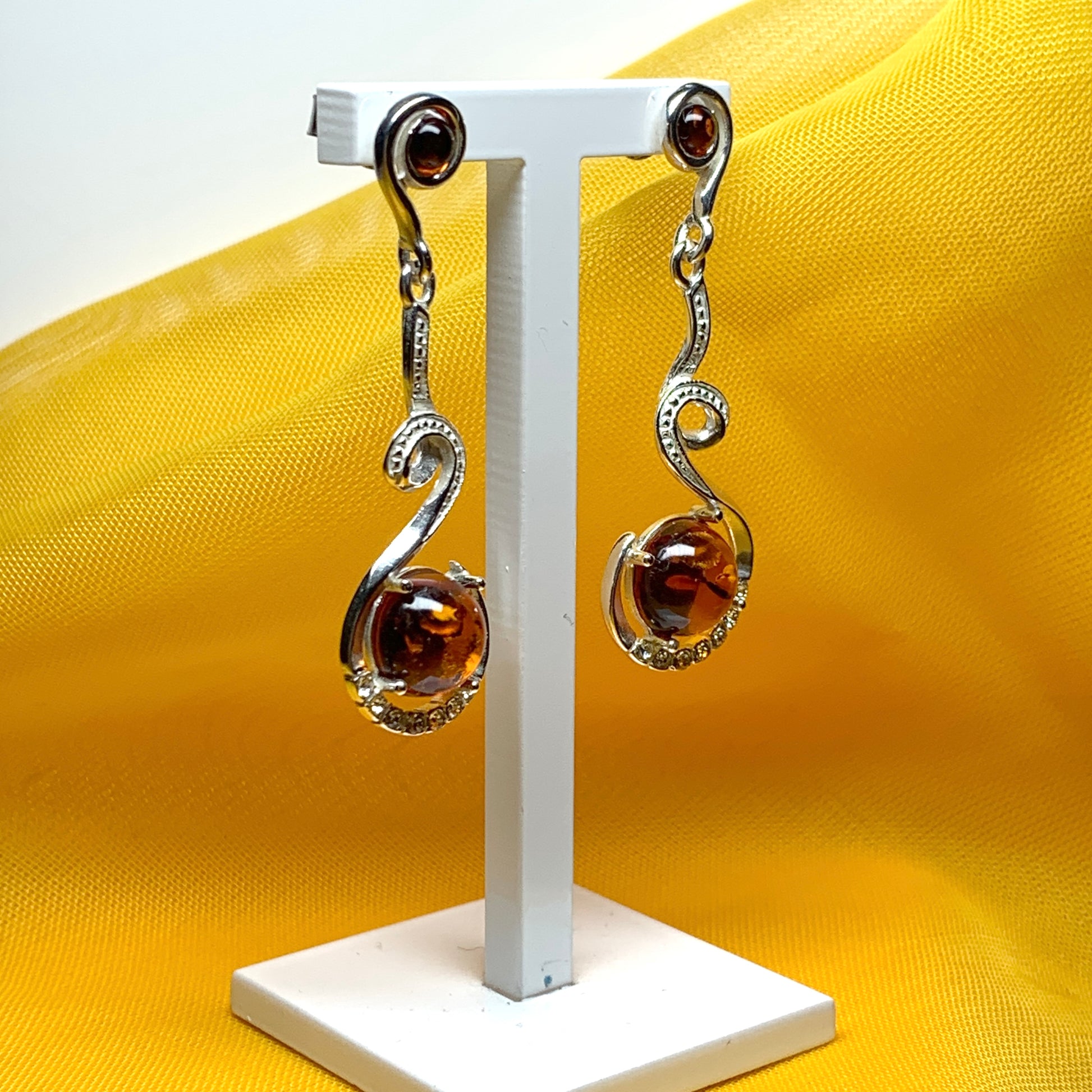 Real amber round drop earrings sterling silver fancy swirl
