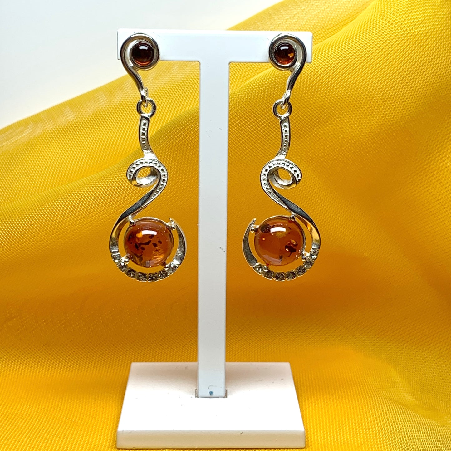 Real amber round drop earrings sterling silver fancy swirl