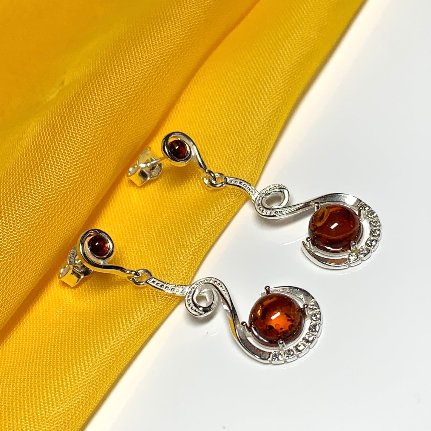 Real amber round drop earrings sterling silver fancy swirl