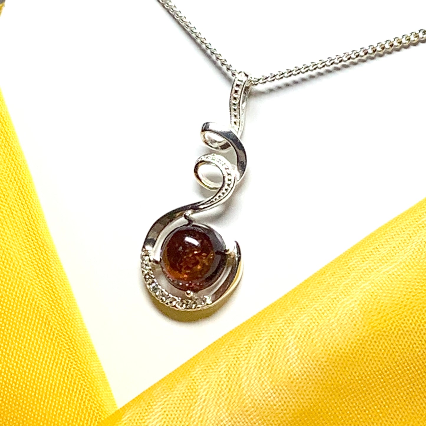 Real amber round sterling silver necklace fancy swirl