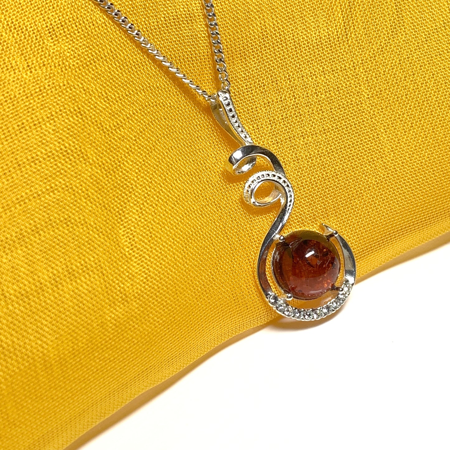 Real amber round sterling silver necklace fancy swirl