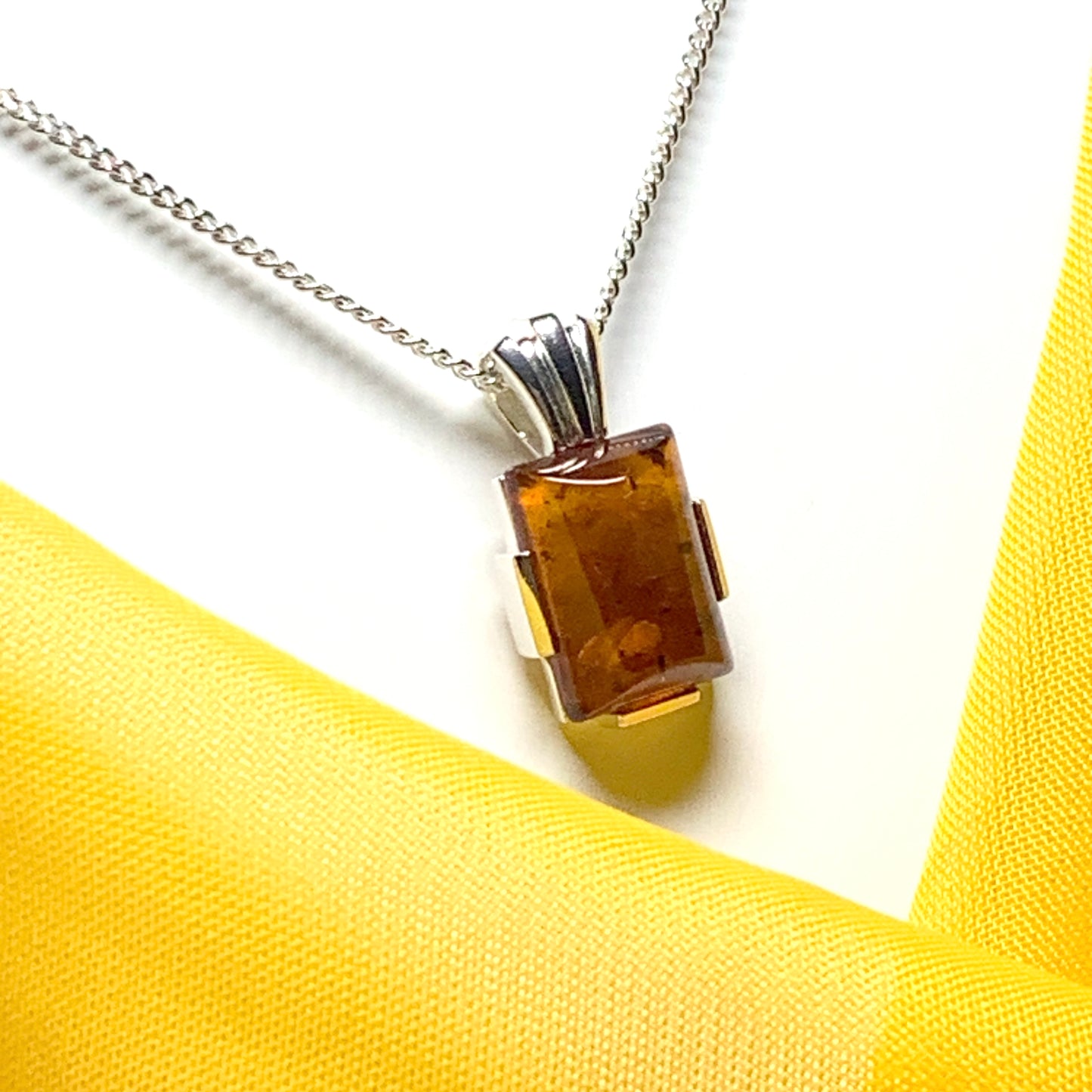 Real amber square pendant sterling silver necklace