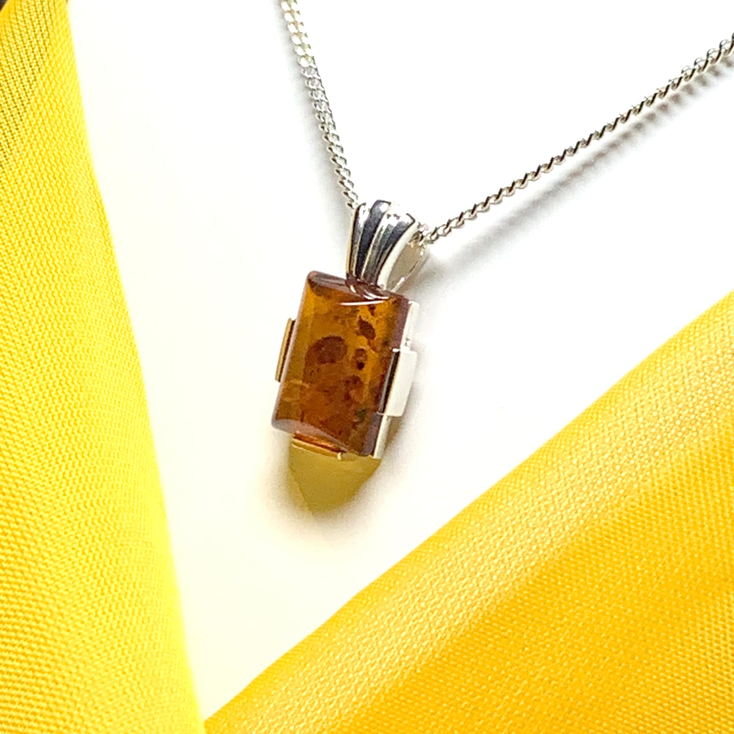 Real amber square pendant sterling silver necklace