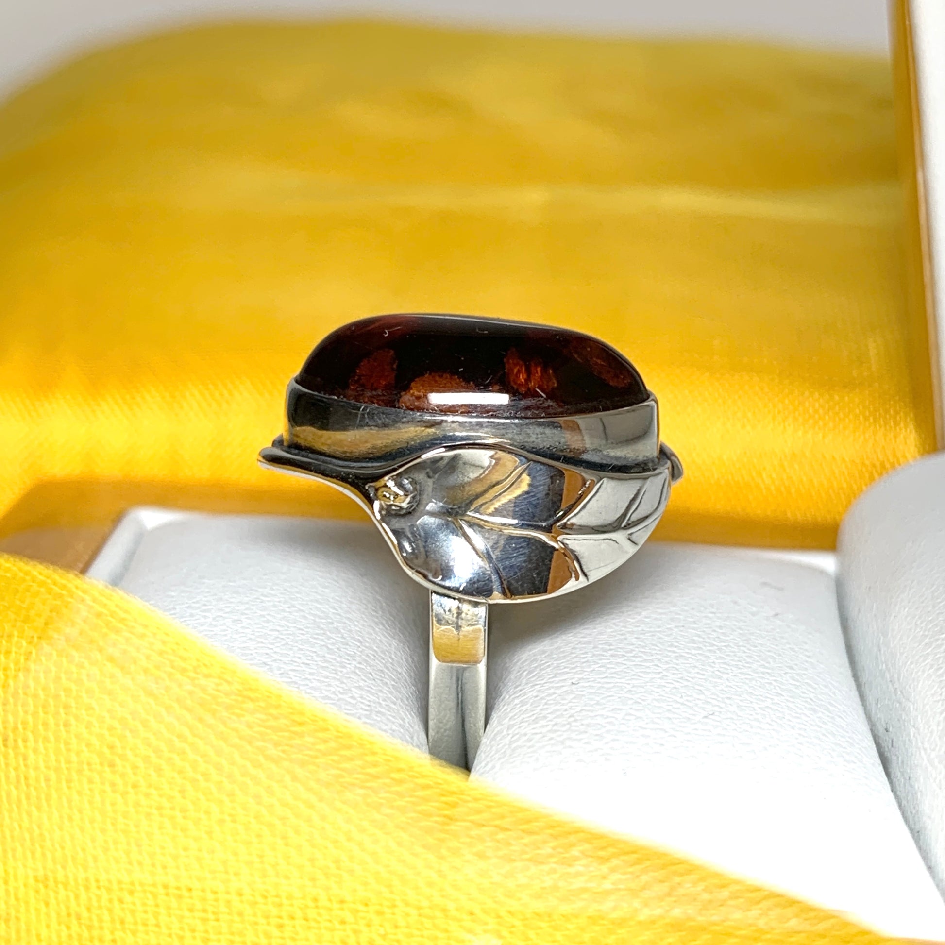 Real amber sterling silver ring oval leaf design