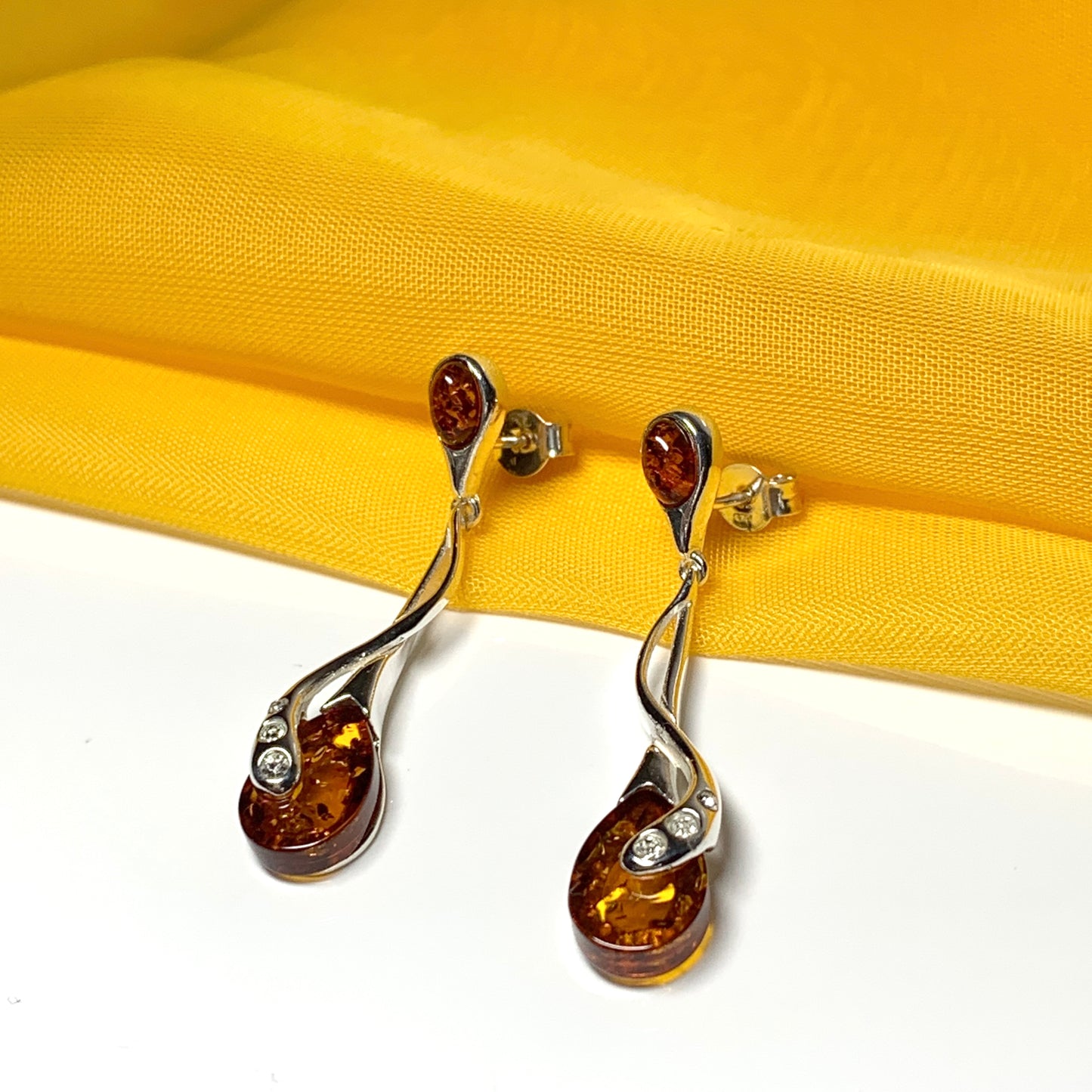 Real amber pear earrings fancy sterling silver