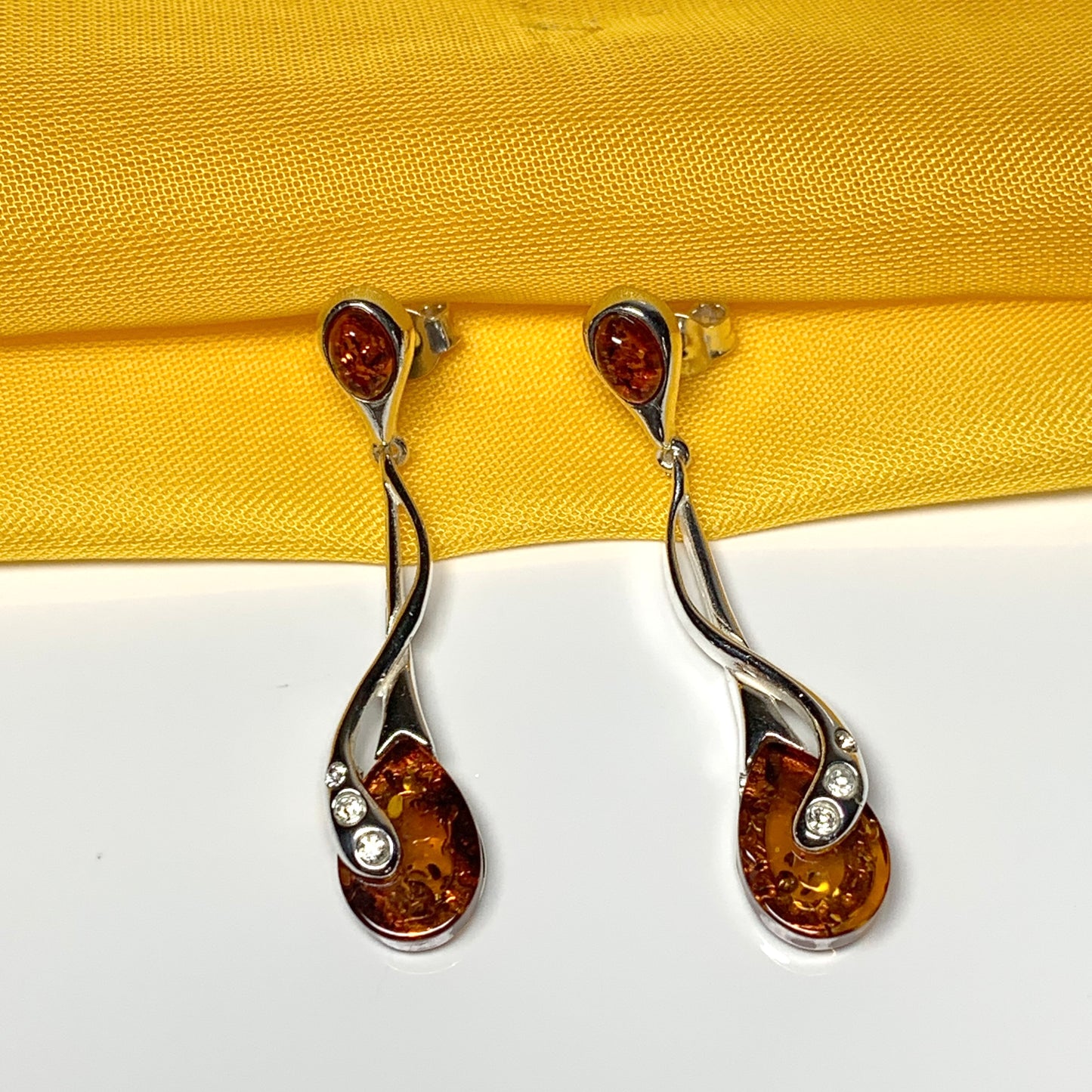 Real amber pear earrings fancy sterling silver