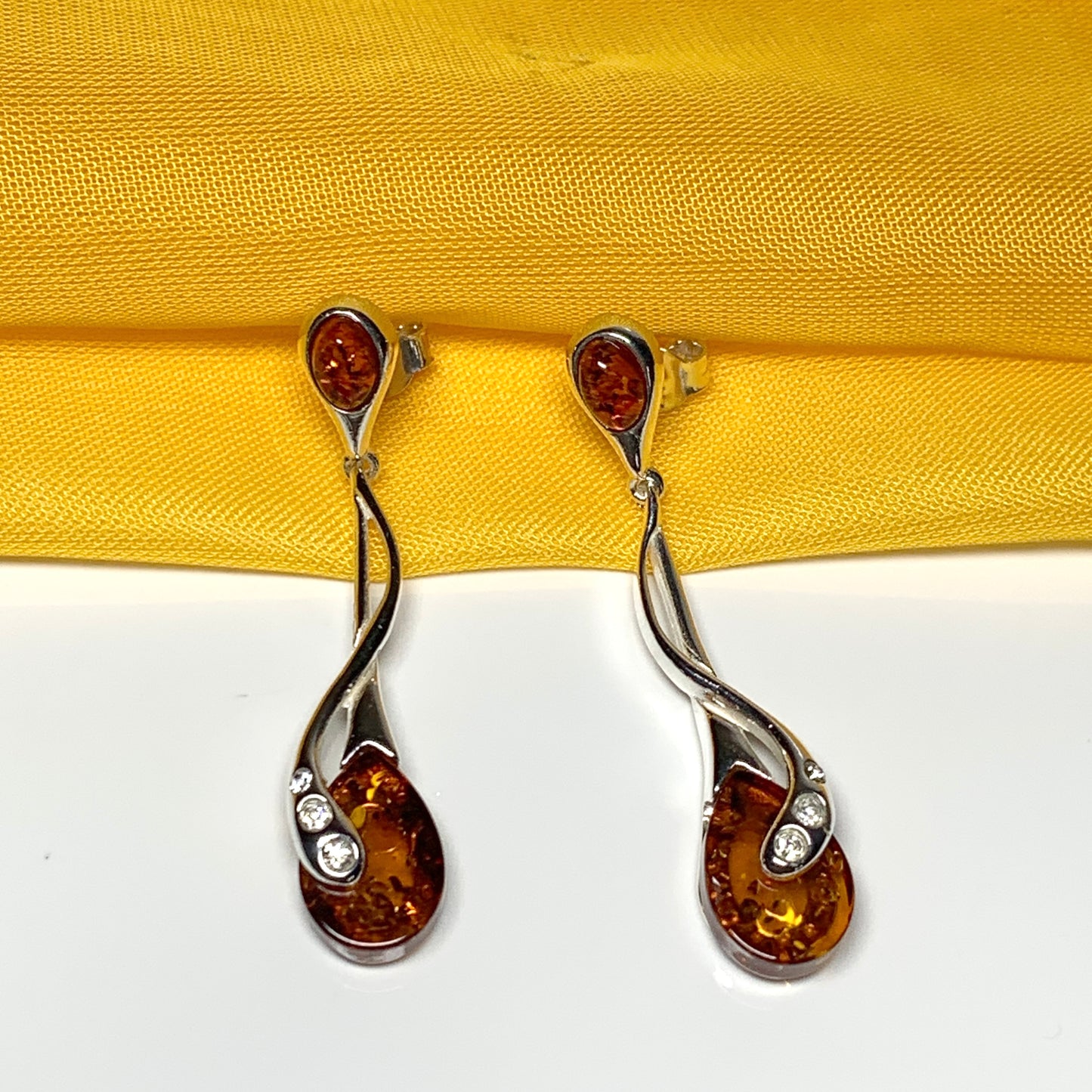 Real amber pear earrings fancy sterling silver