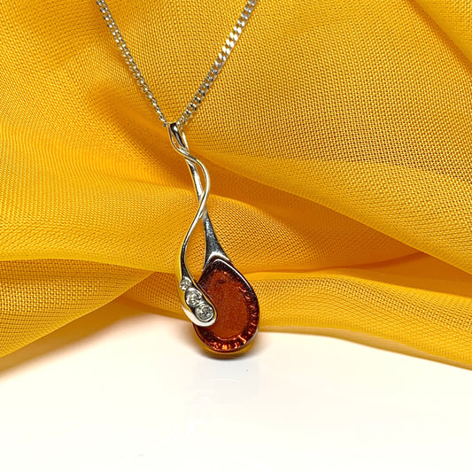 Real amber tear drop fancy sterling silver necklace