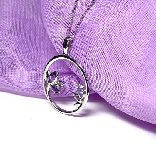 Real amethyst, iolite and blue topaz round necklace open pendant