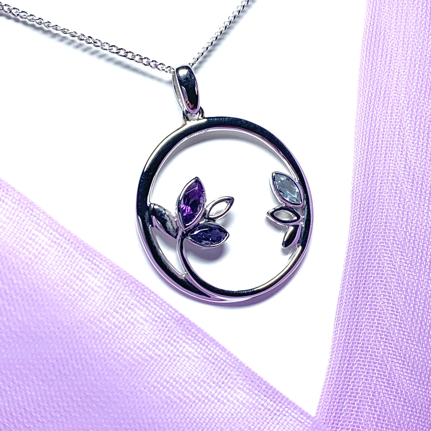 Real amethyst, iolite and blue topaz round necklace open pendant