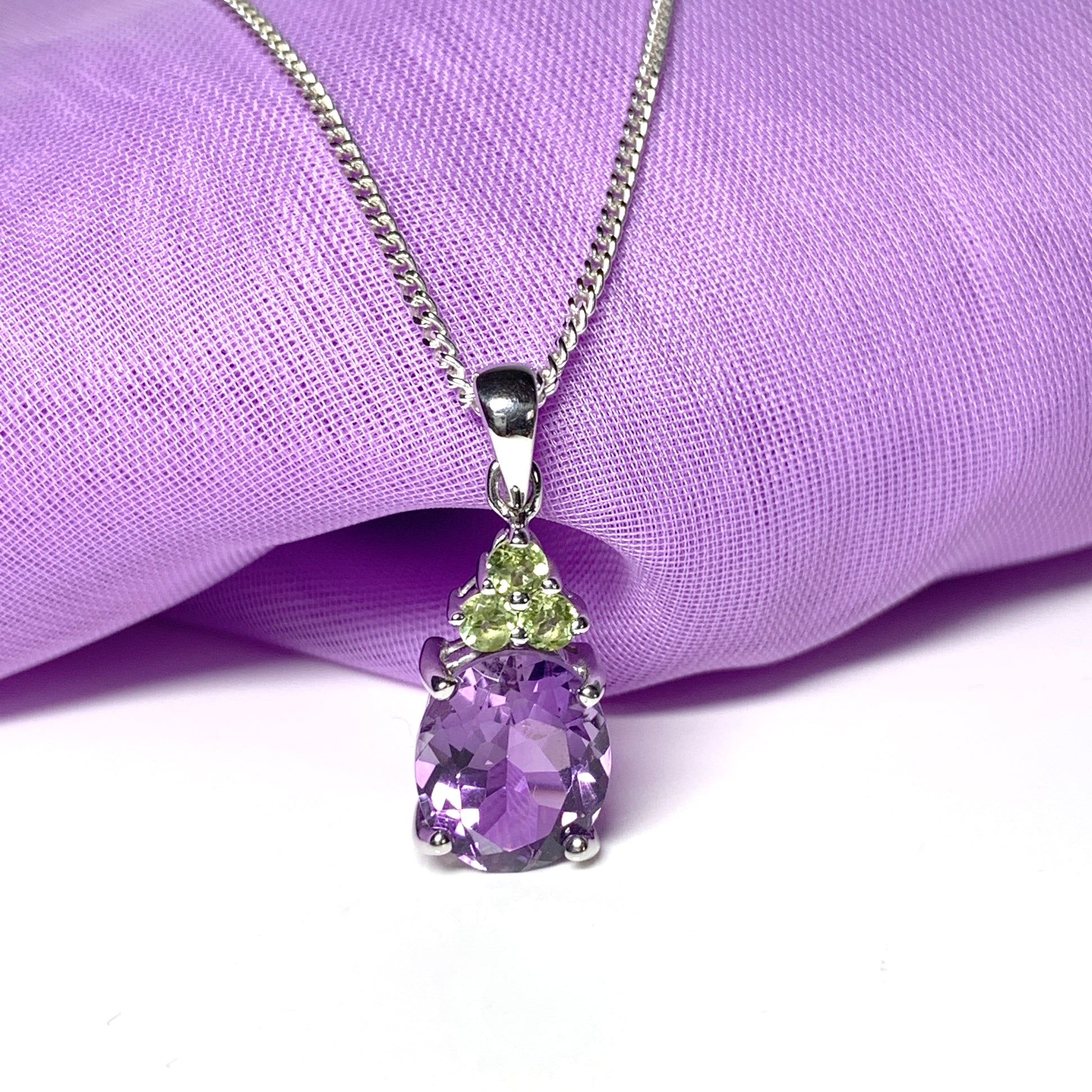 Real amethyst and peridot necklace sterling silver
