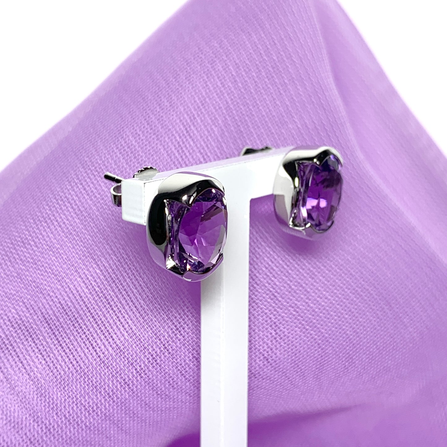 Real amethyst stud earrings oval purple