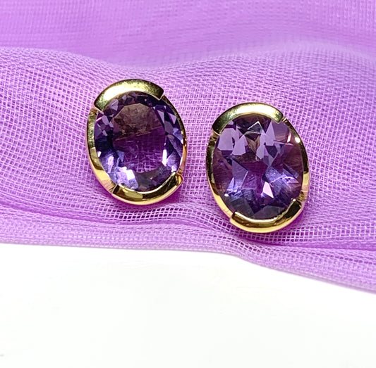 Real amethyst stud earrings oval purple sterling silver gilt