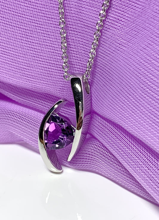 Real purple amethyst necklace pendant triangle smooth rubbed over setting