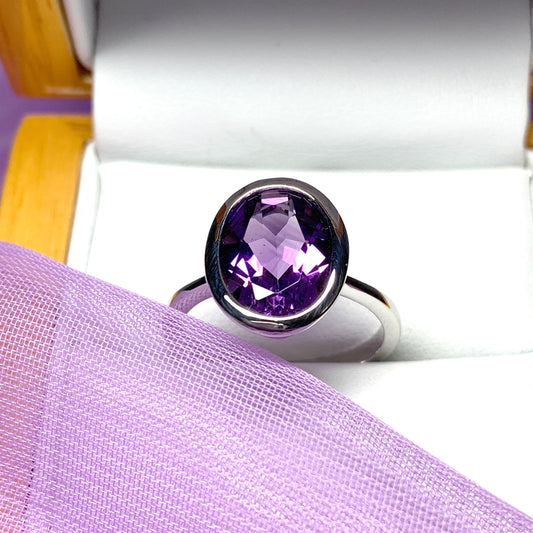 Real amethyst ring large oval sterling silver