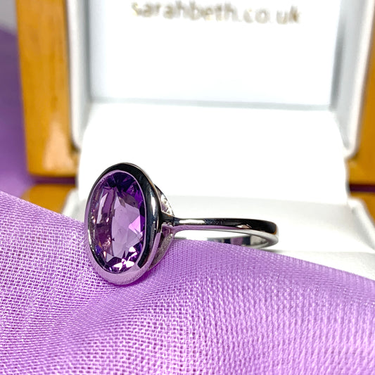 Real amethyst ring large oval sterling silver