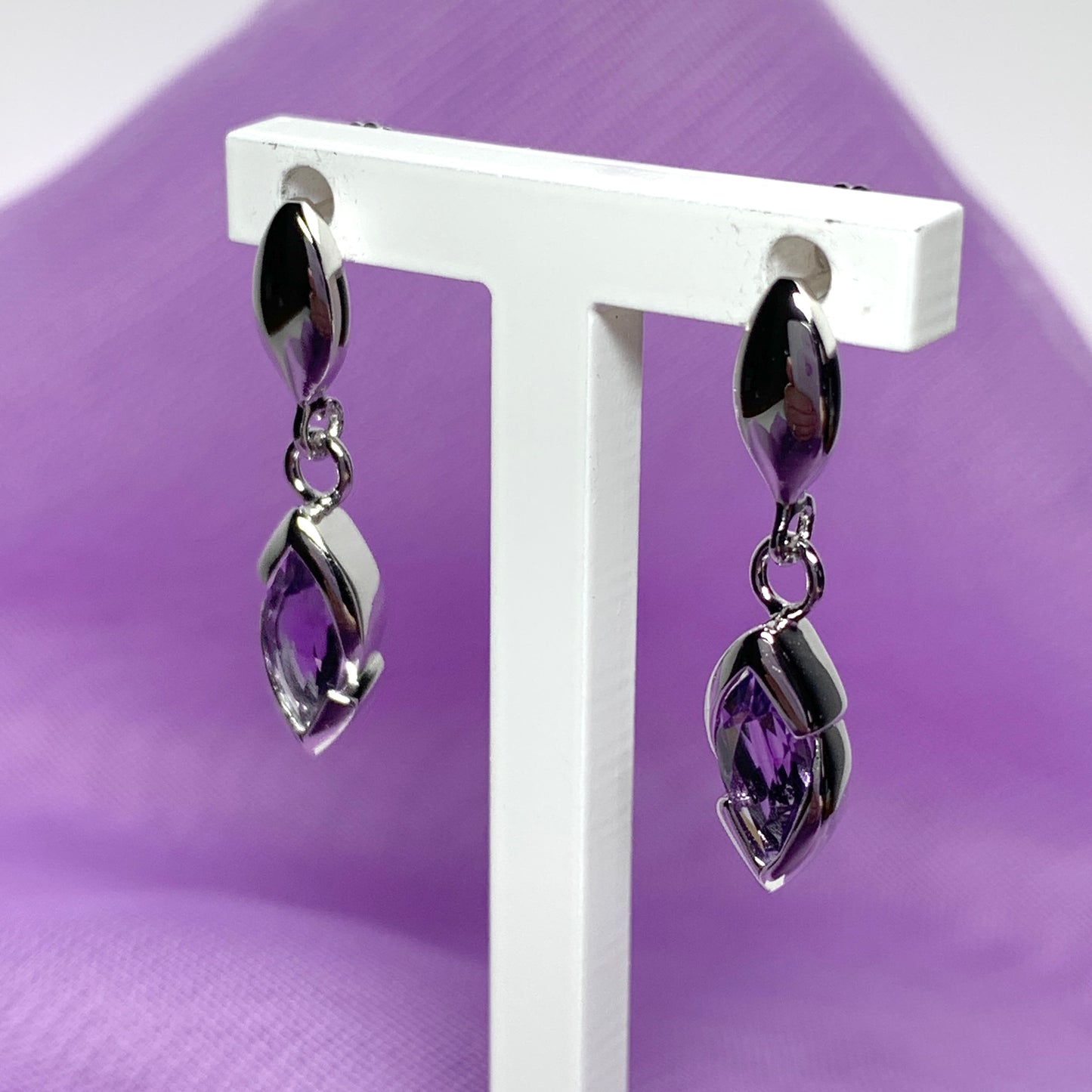 Purple real amethyst sterling silver marquise drop earrings