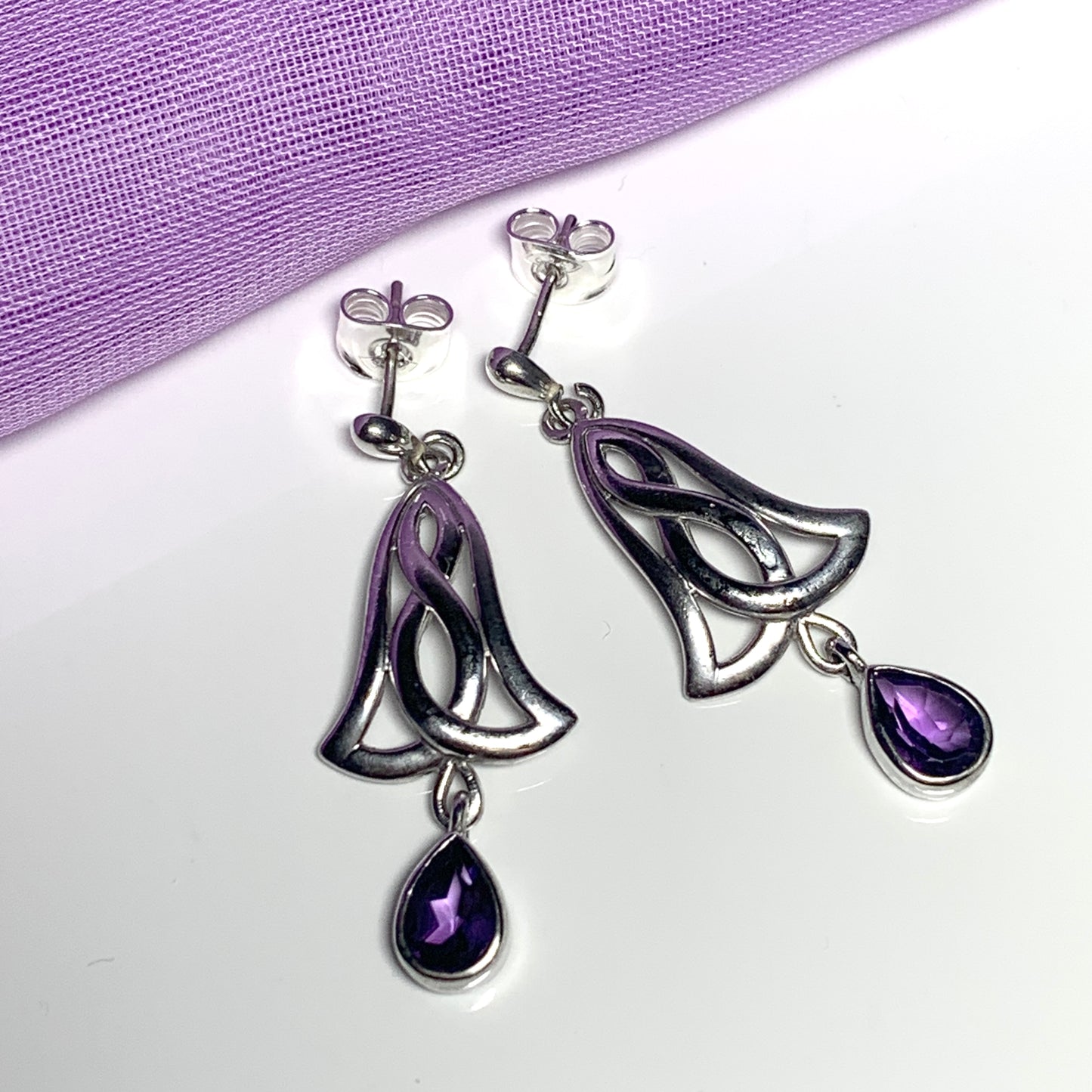 Pair of real amethyst sterling silver pierced Celtic drop earrings