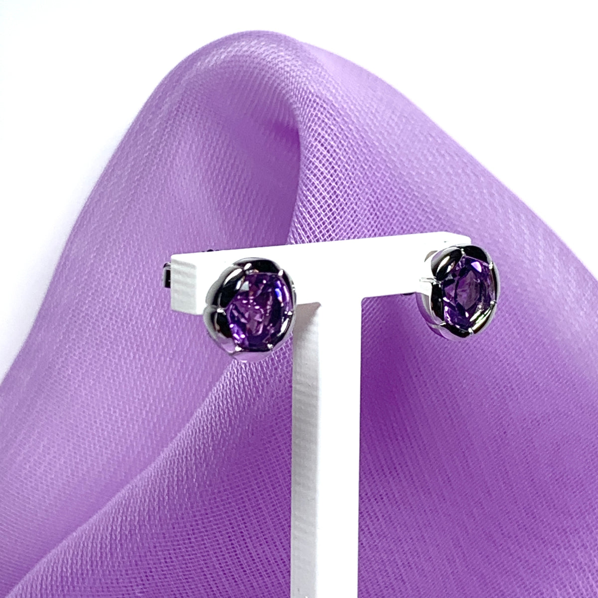 Real amethyst stud earrings fancy flower edged round