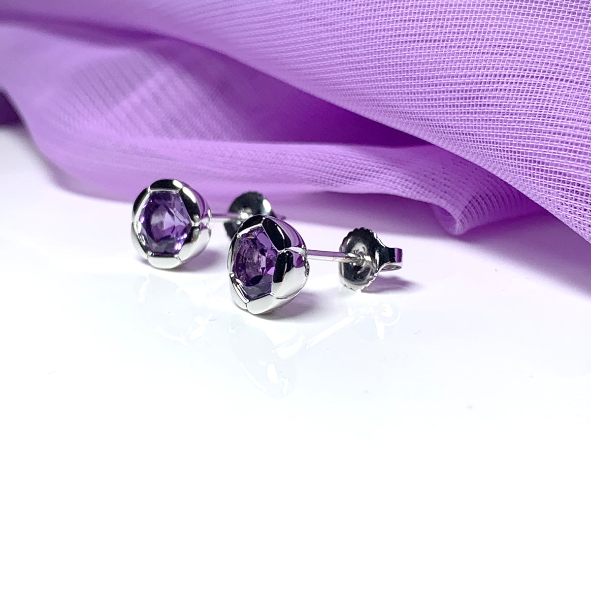 Real amethyst stud earrings fancy flower edged round