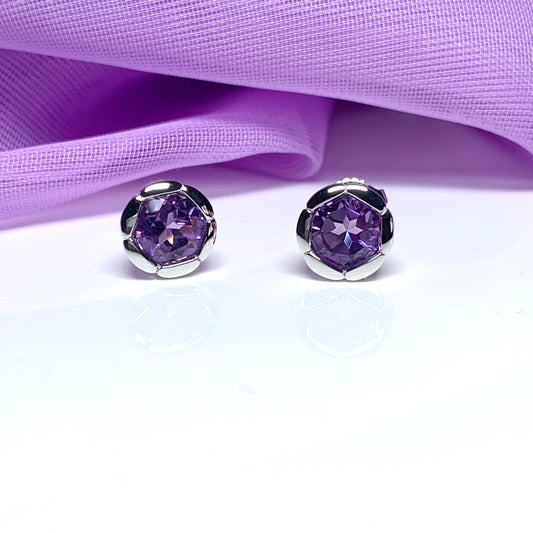 Real amethyst stud earrings fancy flower edged round