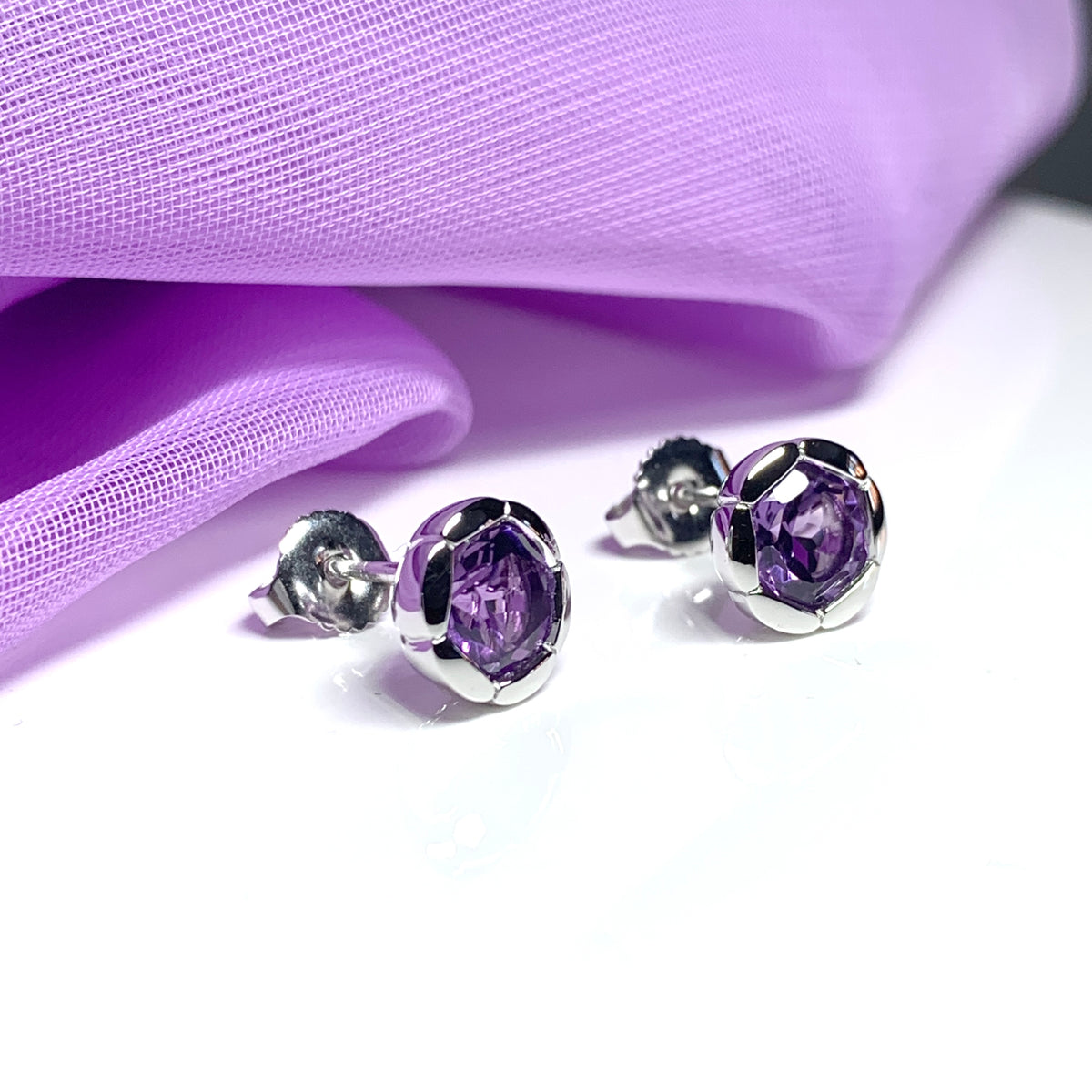 Real amethyst stud earrings fancy flower edged round