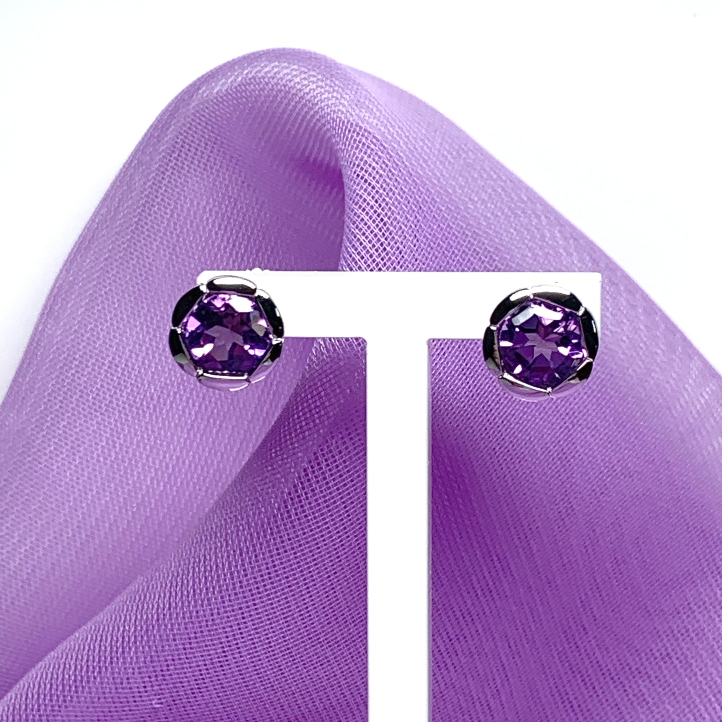 Real amethyst stud earrings fancy flower edged round