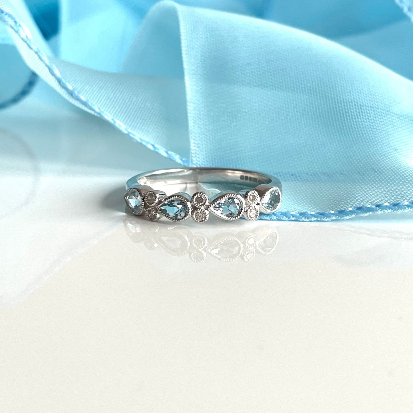 Real aquamarine eternity ring and diamond white gold fancy