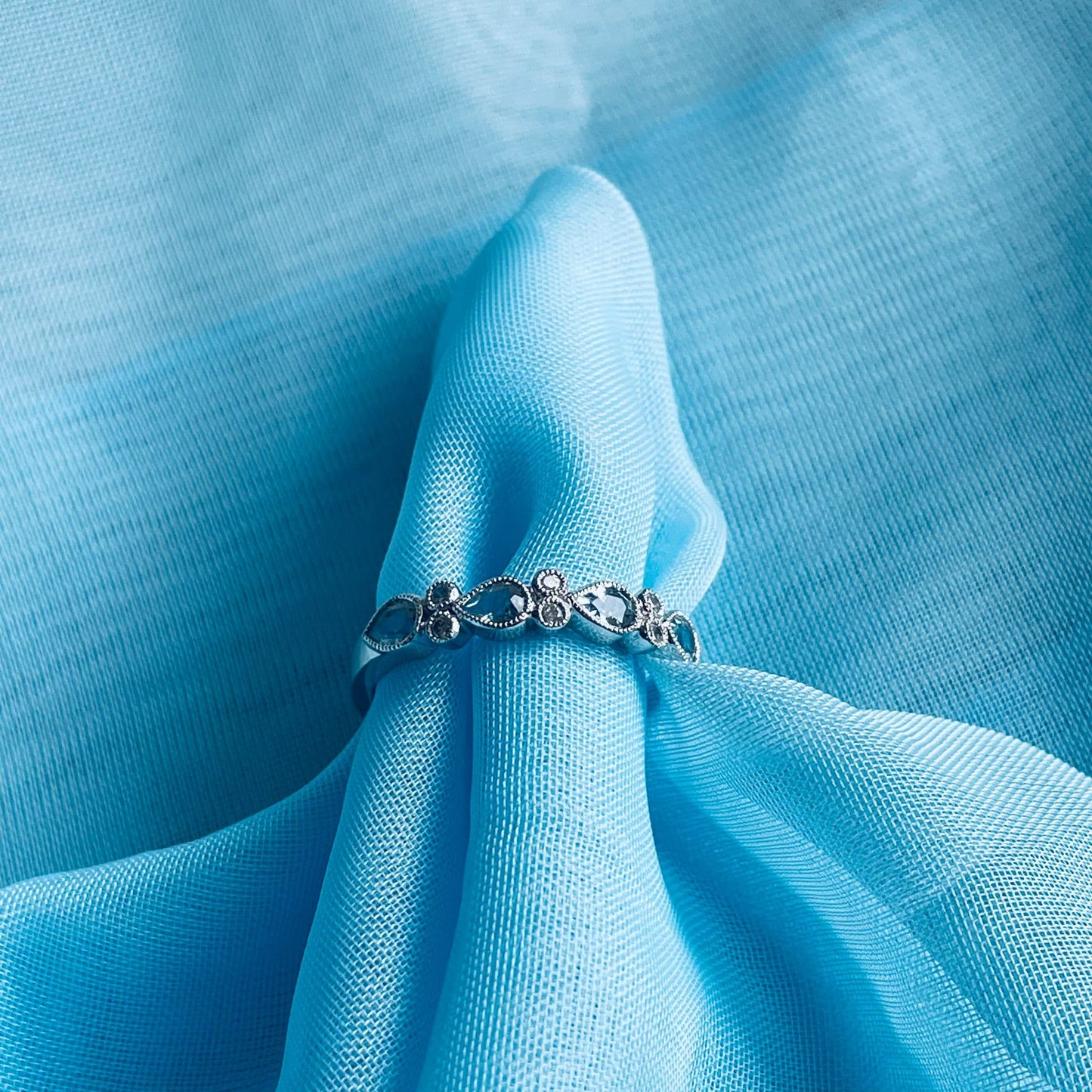 Real aquamarine eternity ring and diamond white gold fancy