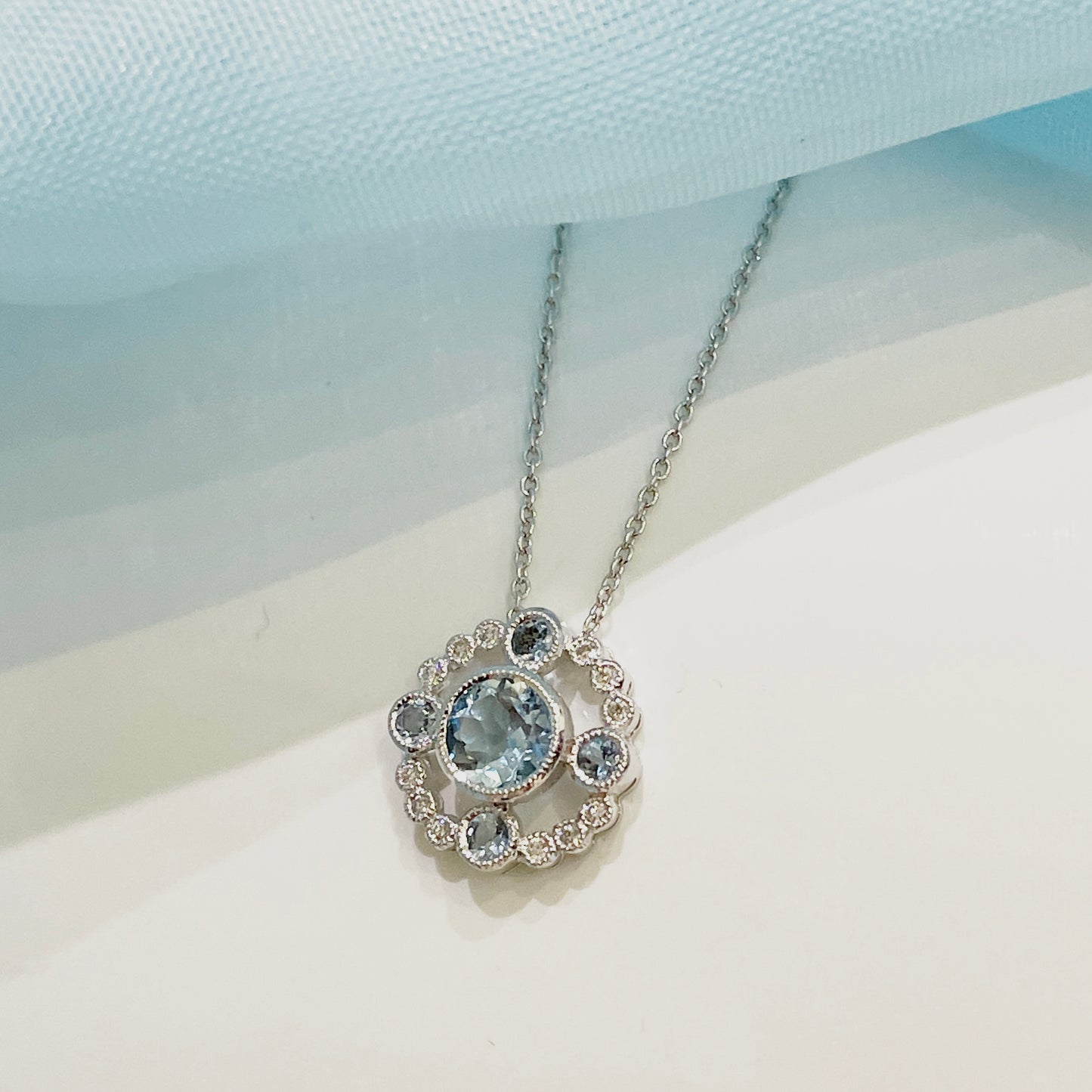 Real aquamarine necklace and diamond white gold round cluster pendant