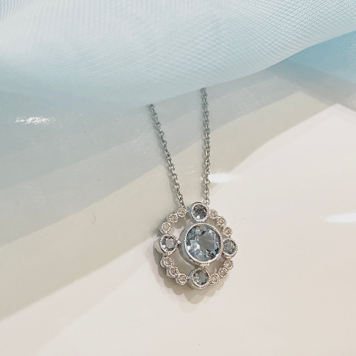 Real aquamarine necklace and diamond white gold round cluster pendant
