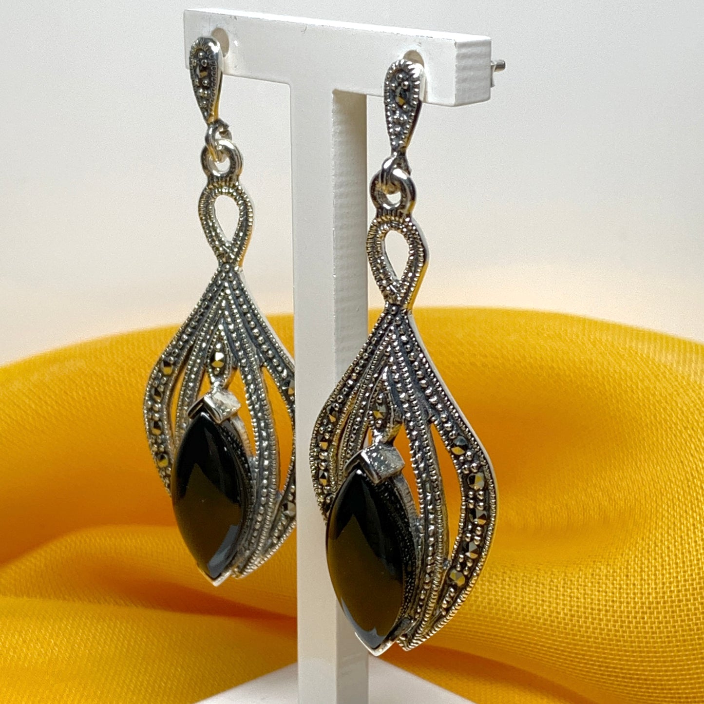 Real black jet and marcasite large drop earrings