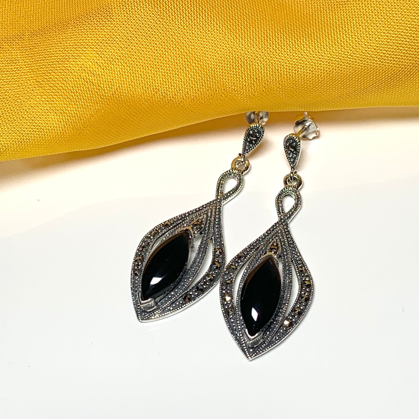 Real black jet and marcasite large drop earrings