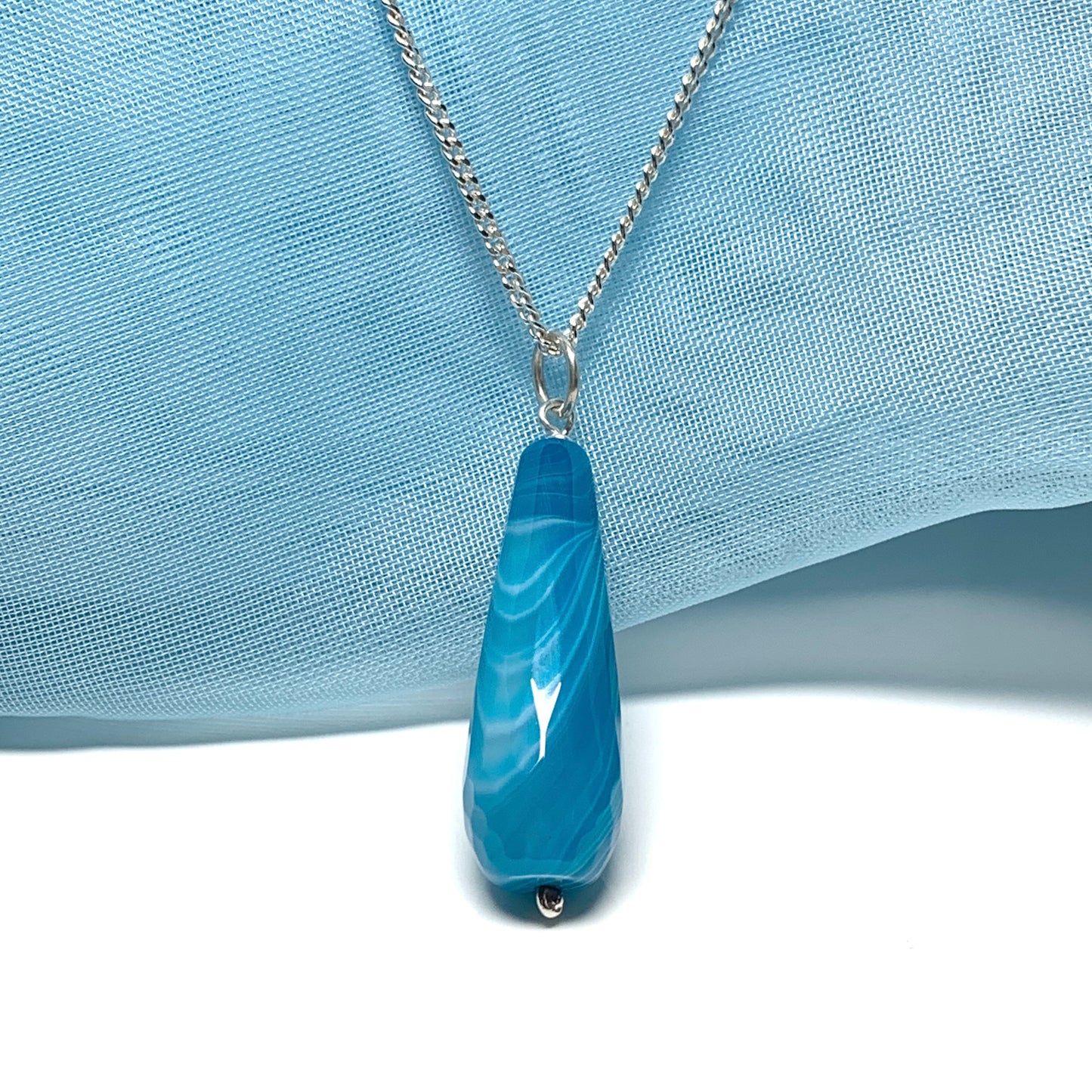 Real blue gate pear shaped teardrop necklace pendent sterling silver