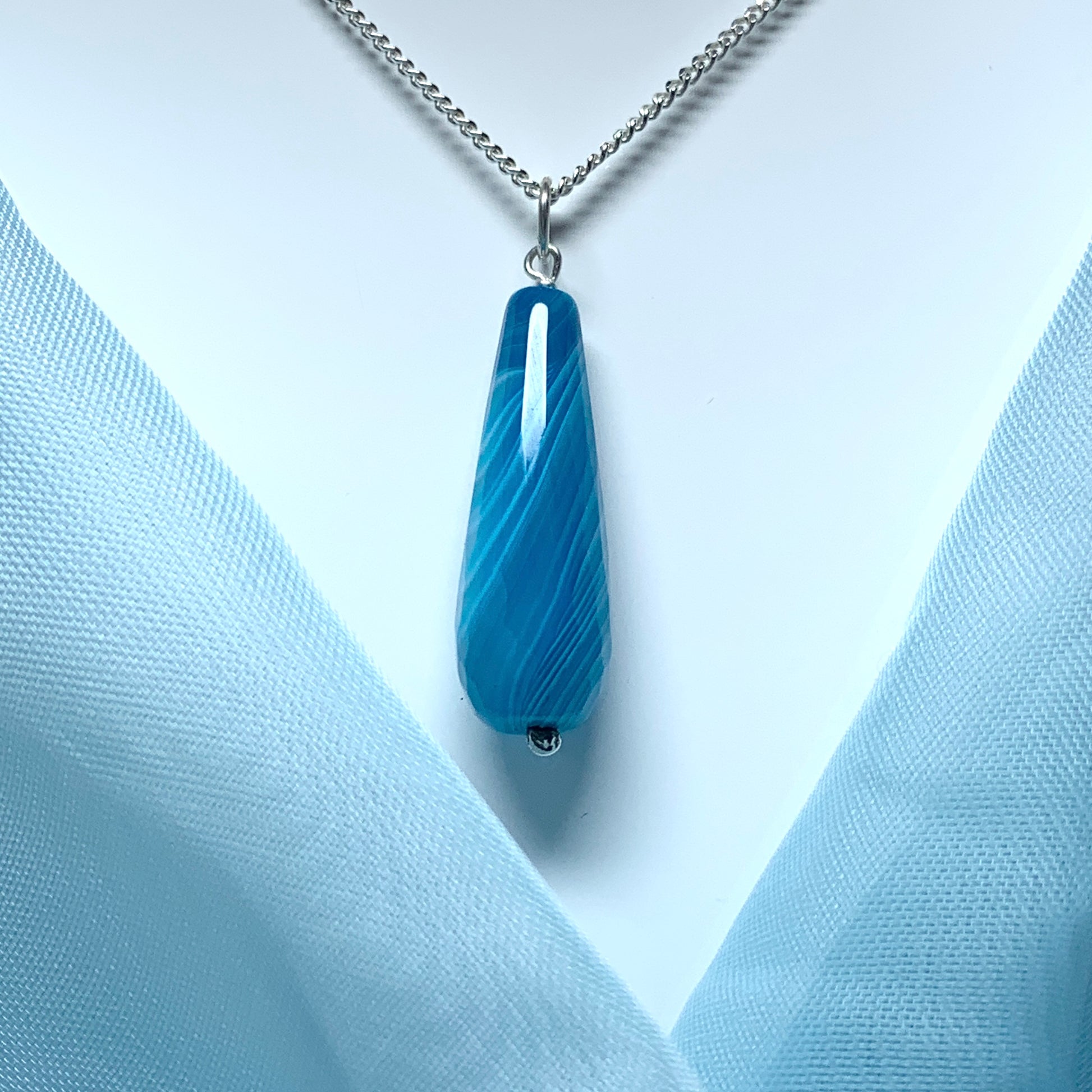 Real blue gate pear shaped teardrop necklace pendent sterling silver