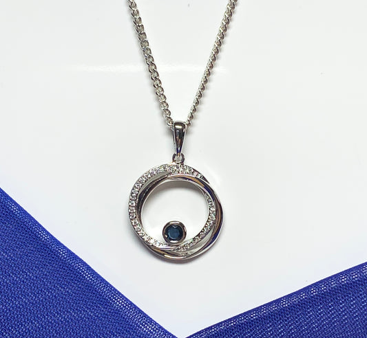 Real blue sapphire and cubic zirconia round necklace swirl pendant