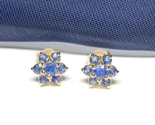 Real blue sapphire daisy cluster stud earrings yellow gold