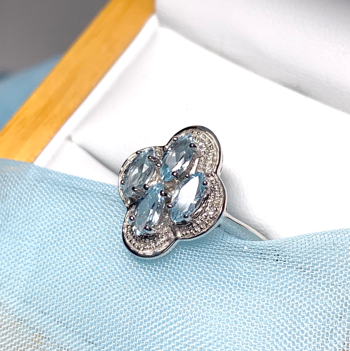 Blue topaz diamond sterling silver marquise cut cluster ring